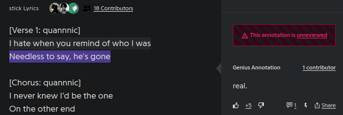 genius annotation of 'Needless to say, he's gone' saying 'real'